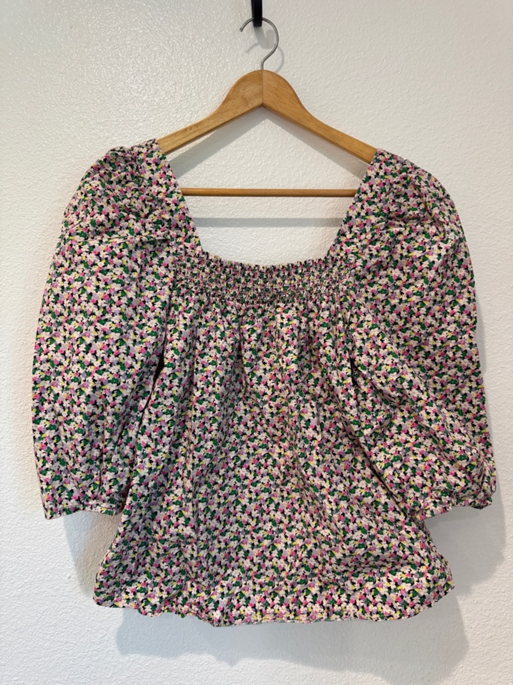 H&M Cotton Ditsy Floral Smocked Square Neck Top 3/4 Puff Sleeves Green Pink S